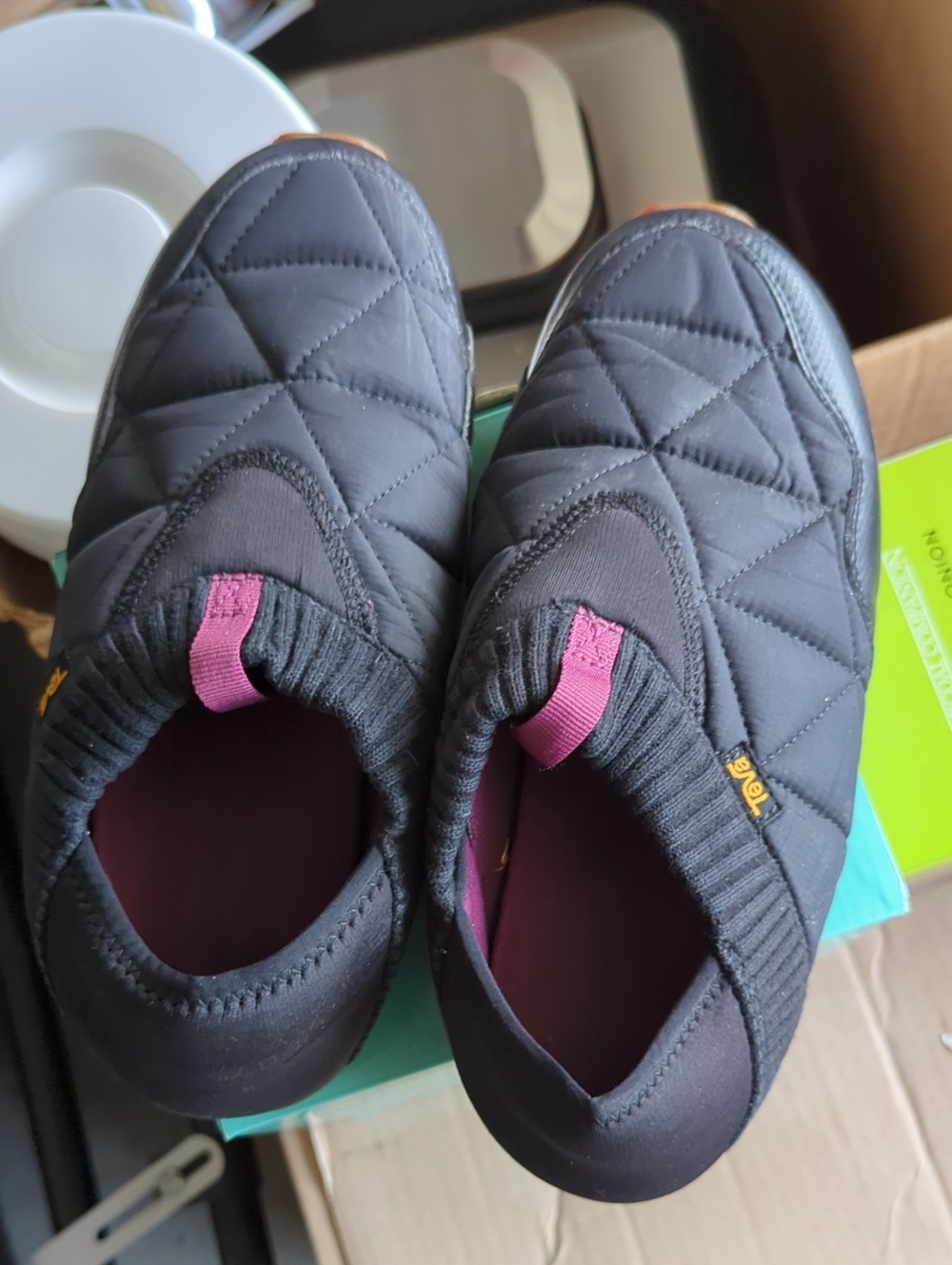 Teva Women’s Black Quilted Slip-On Slippers with Pink Pull Tab